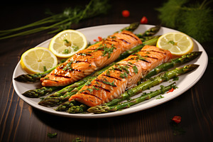 Baked salmon with green asparagus and slices of lemon on wooden background, a Food & Drink Photo by AlyaAnd