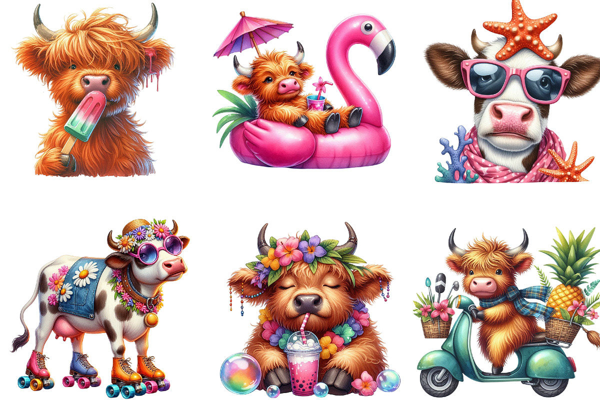 Funny Summer Highland Cow Clipart, an Illustration by cherrydesign (Photo 3 of 3)