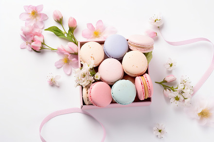Colorful macarons dessert in box with flowers on white background, a Food & Drink Photo by AlyaAnd