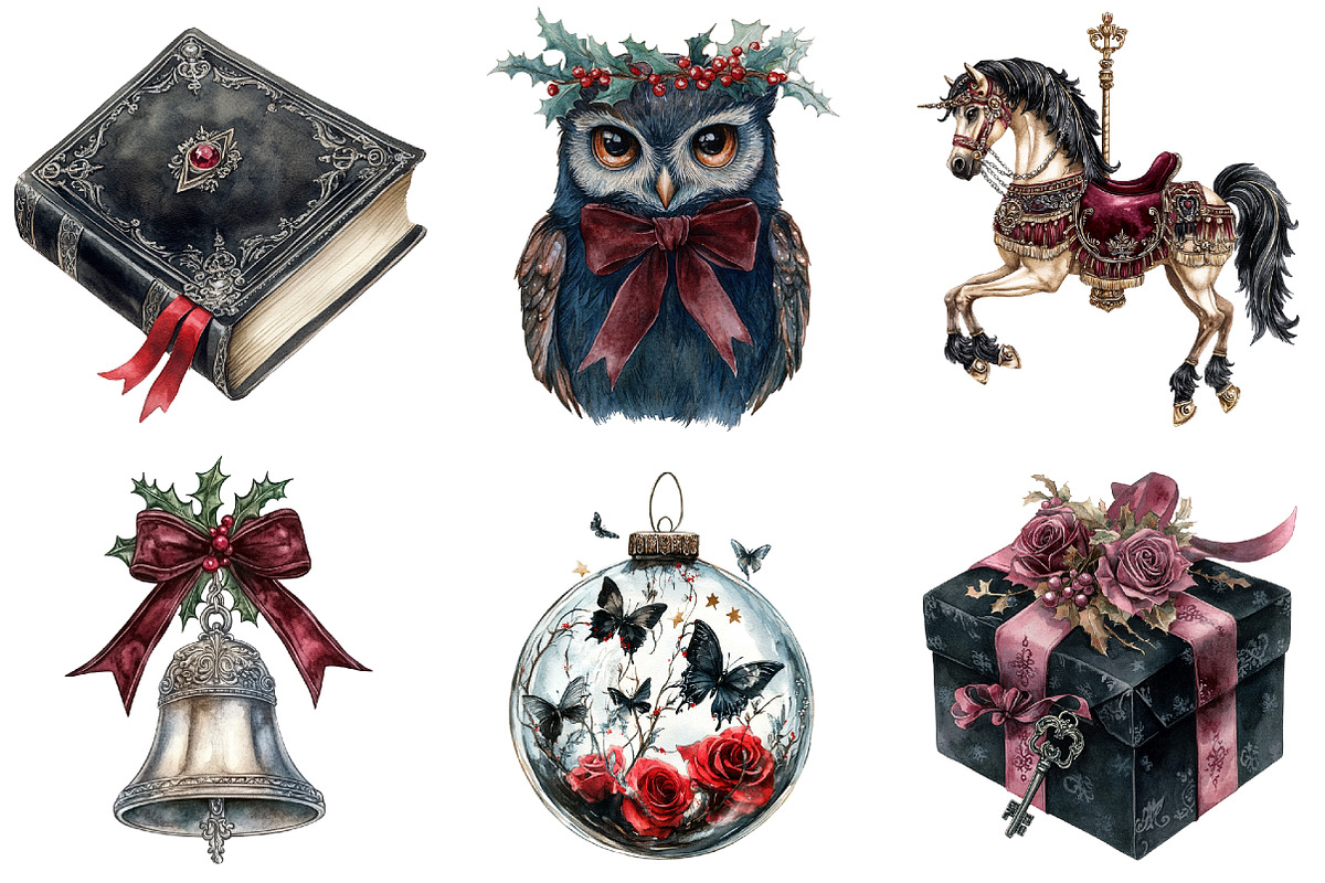 Watercolor Gothic Christmas Clipart, a Seasonal Illustration by CitraGraphics (Photo 6 of 7)