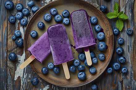 Ice cream popsicles with organic blueberries on wooden background, a Food & Drink Photo by AlyaAnd