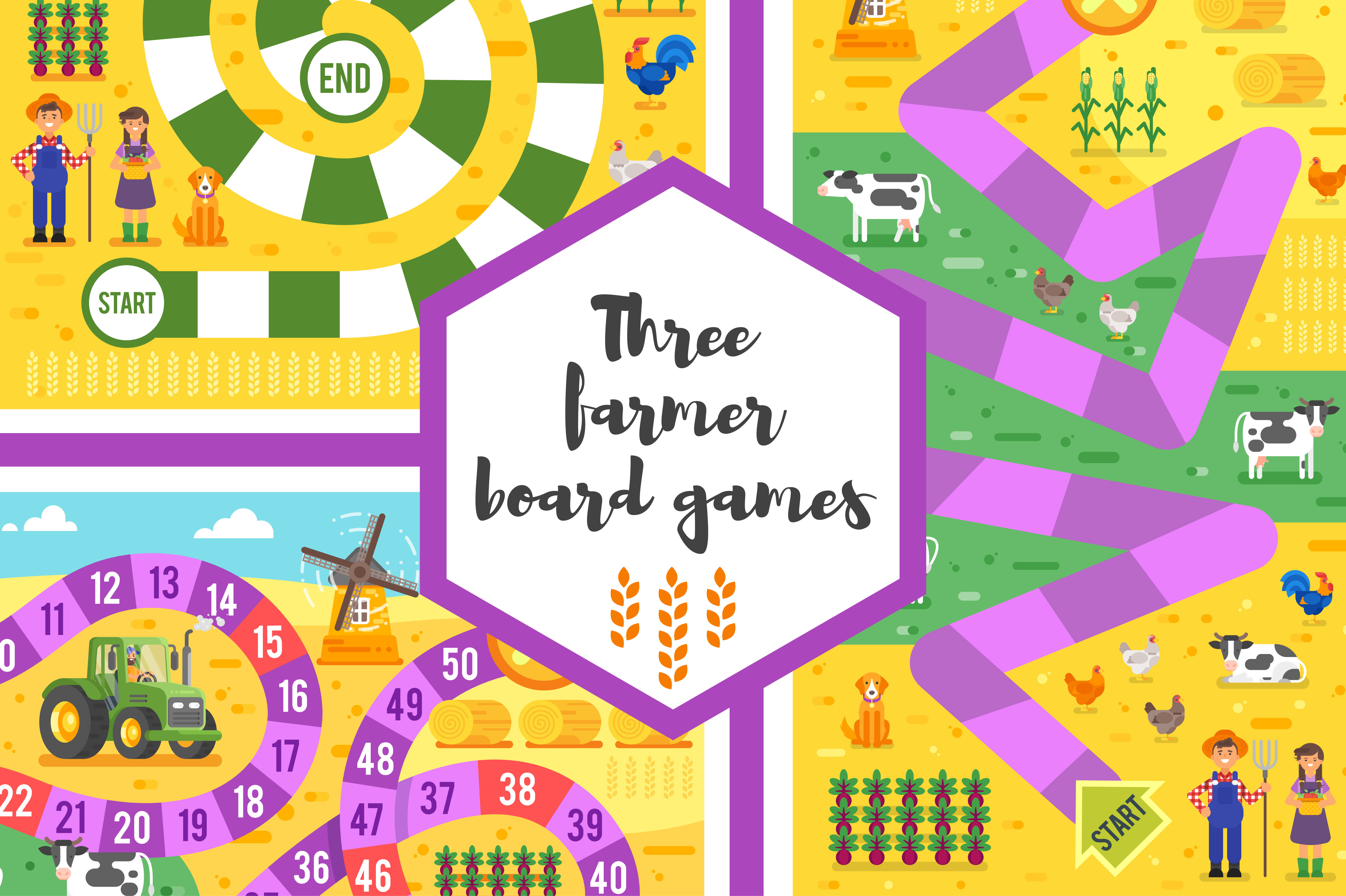 Three farming theme board games, a Background Graphic by Cartoon time!
