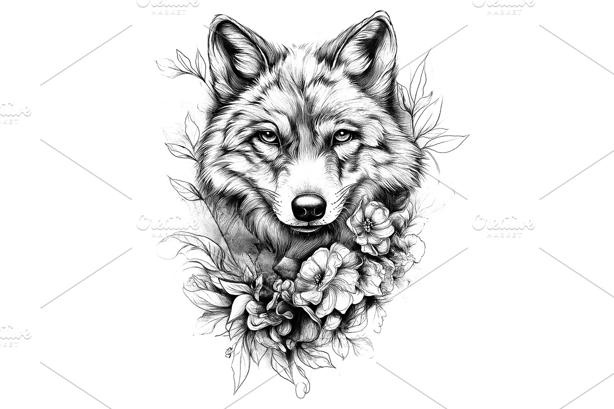 Floral Elegant Wolf Tattoo Sketch, an Illustration by BazziBa♥