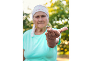 Grandmother is studying a snail in, a Nature Photo by yanadjana