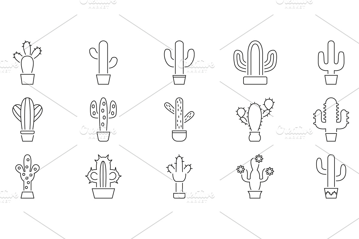Cactus Plant Line Icon Set, an Object Illustration by Gentle Studio
