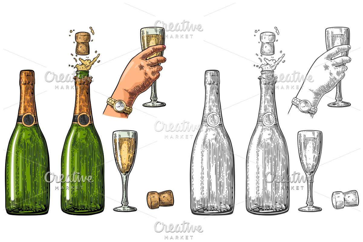 Set Champagne explosion bottle glass, a Food Illustration by MoreVector