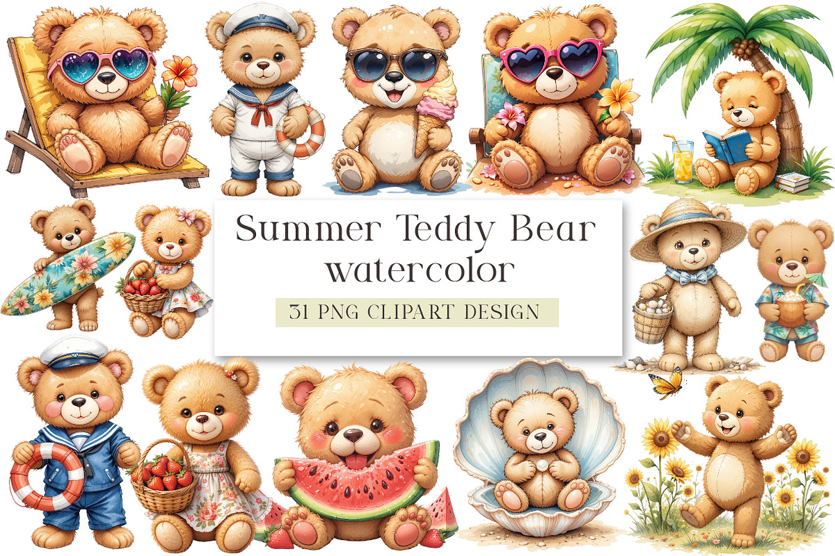 Summer Teddy Bear Clipart, a Seasonal Illustration by DreamArtGraphic (Photo 1 of 4)