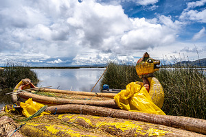 Puma-headed - balsa - boat on the floating island Uros Titino, P, a Transportation Photo by GoodGoods