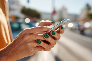 Close-up of a female hand using smartphone outdoors in bright daylight, a Photo by AlyaAnd