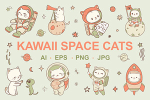 Kawaii Space Cats Bundle, an Animal Illustration by Mariia Kovalchuk
