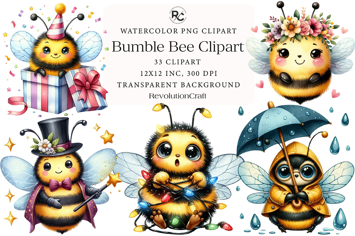 Watercolor Bumble Bee Clipart, an Illustration by OK Design (Photo 1 of 5)