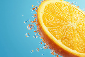 Fresh orange slice with water splash, a Food & Drink Photo by AlyaAnd