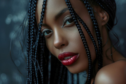 A close-up portrait of a woman with, a Photo by Tanuart