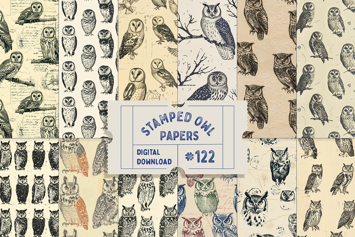 Owl Stamp Ink Seamless Patterns, a Pattern Graphic by Natural Planners (Photo 1 of 4)