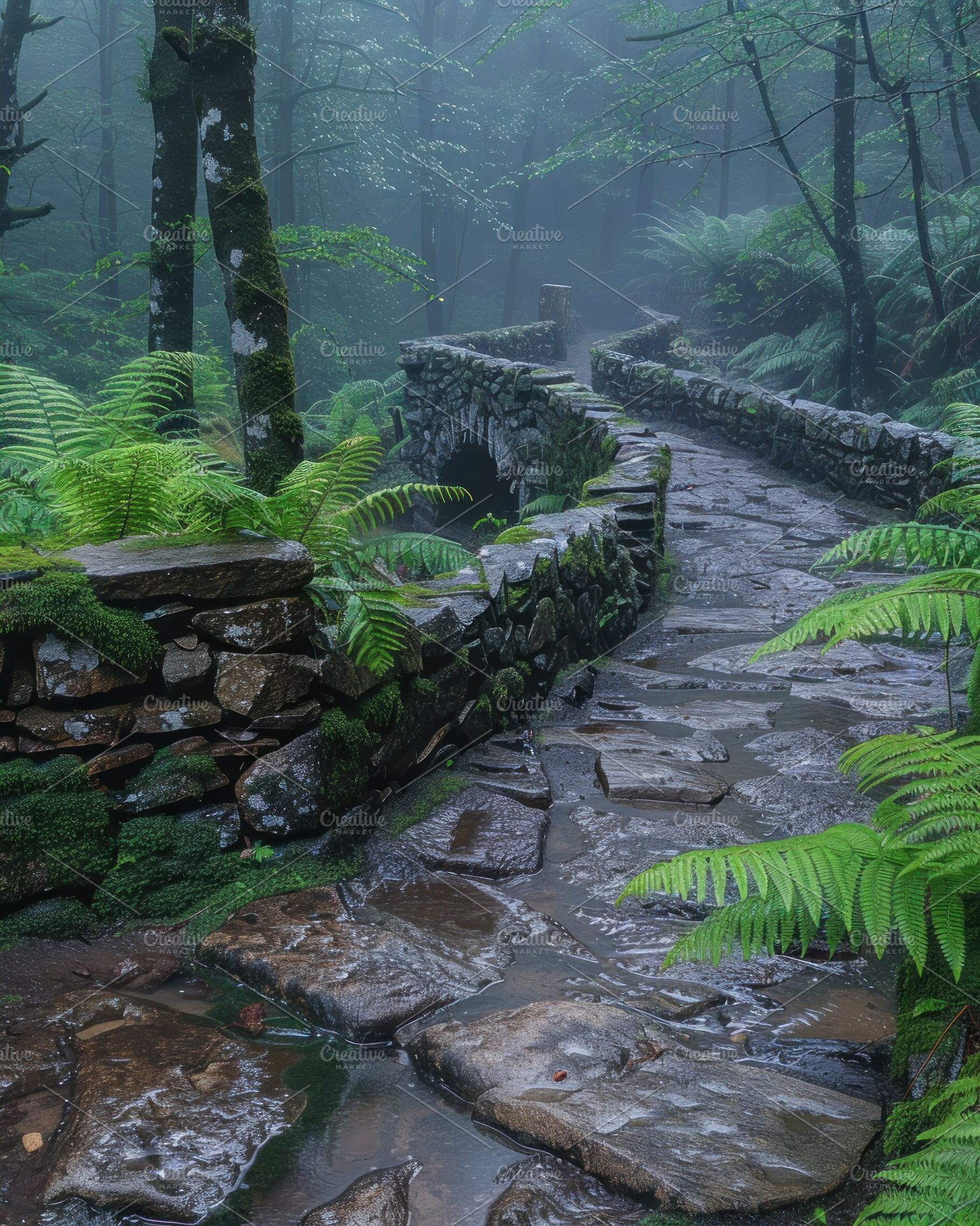 Ancient mossy stone bridge and wet forest path surrounded by lus, a Photo by José Manuel Gelpi