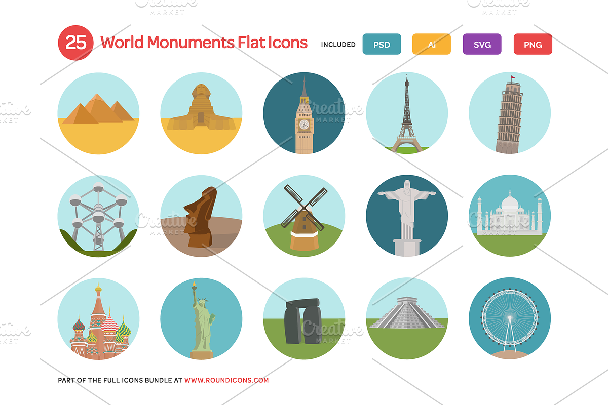 World Monuments Flat Icons Set preview 2