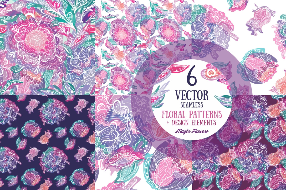 Magic FLowers 6 Vector Patterns, a Pattern Graphic by kisikoida (Photo 2 of 3)