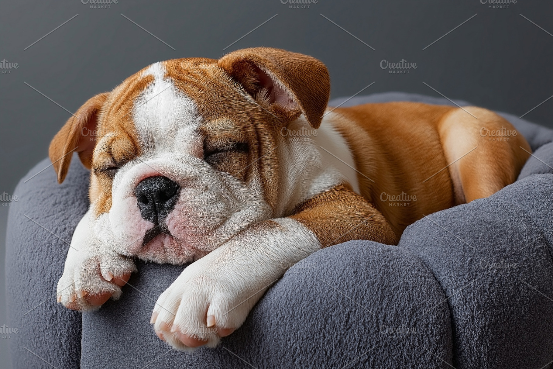 Adorable sleeping bulldog puppy resting peacefully on a plush gray pet bed., an Animal Photo by ImageMir