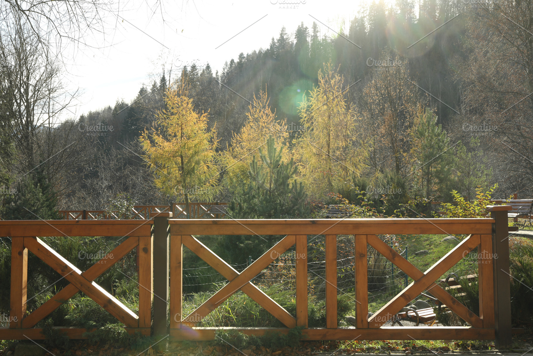 Wooden fence in sunny autumn day in mountain resort, a Nature Photo by AtlasStudio PRO