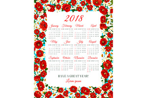 Vector Calendar 2018 Of Spring Flowers Frame