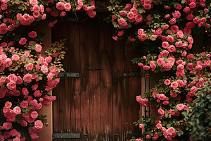 Doorway covered with pink rose flowe, a Photo by LOGOCREATIVE