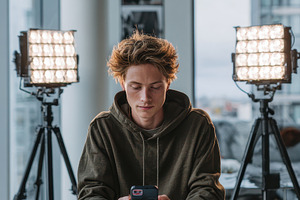 Young man using smartphone in studio, a Photo by Pixeness Studio