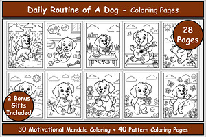 Dog Daily Routine Coloring Pages, an Animal Illustration by Lamia Emad