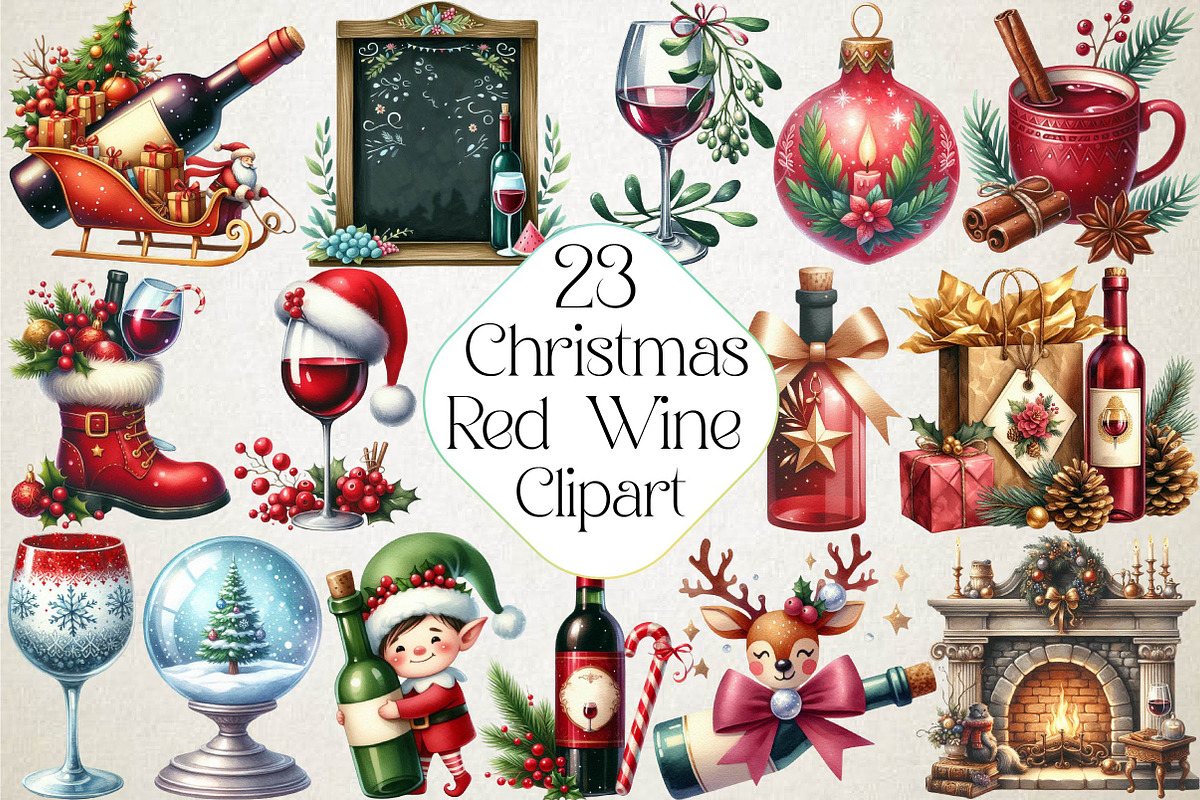 Christmas Red Wine Clipart, an Illustration by DreamPrint404 (Photo 1 of 5)
