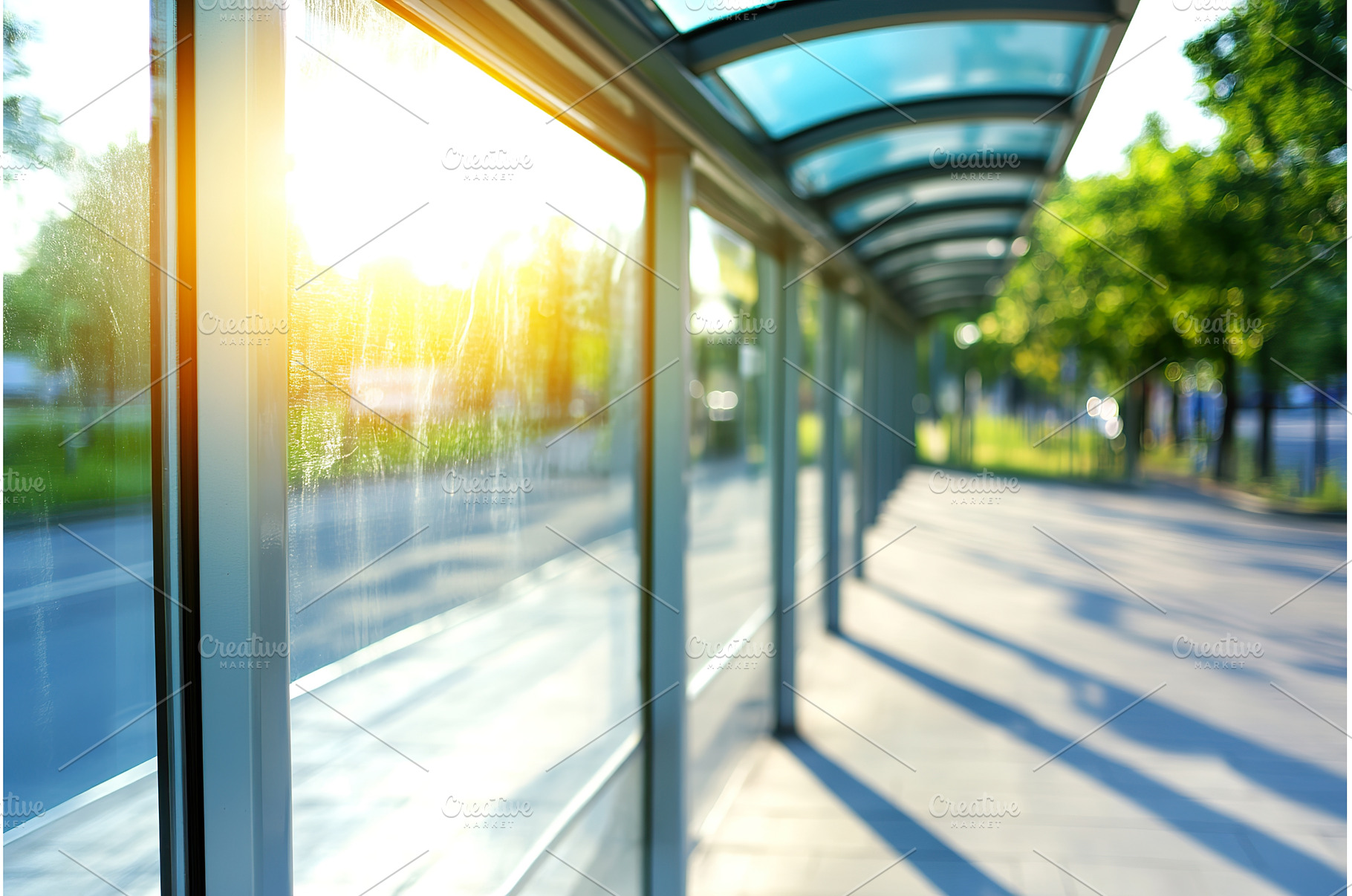 Sunlit empty bus stop with glass, an Architecture Photo by Lermont51
