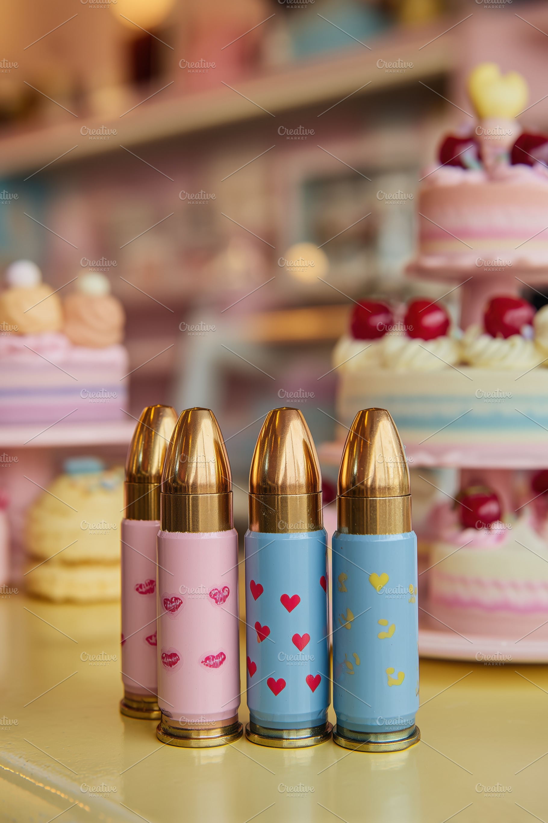 A colorful display of four lipstick tubes with playful designs, set against a b, an Arts & Entertainment Photo by Textures & Backgrounds