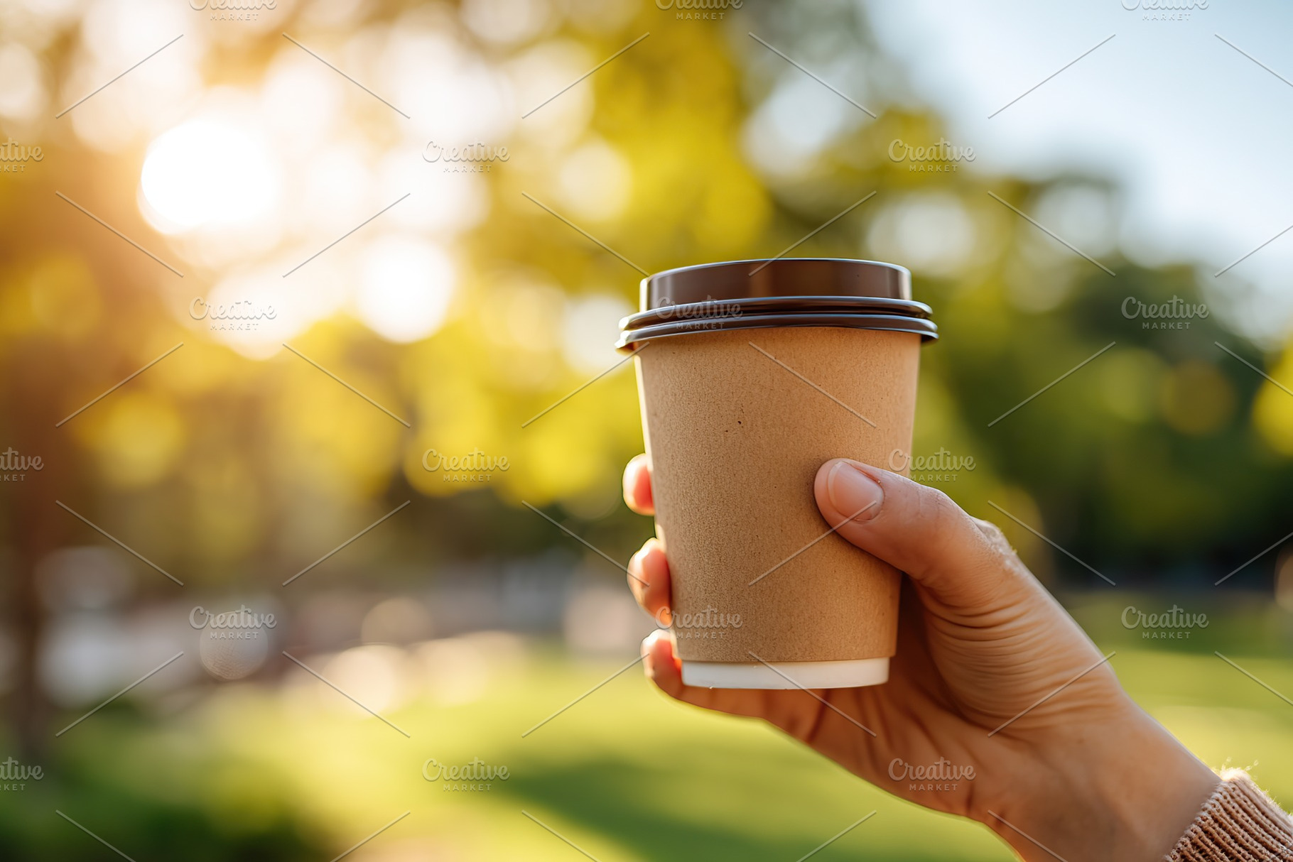 Holding a reusable coffee cup in a sunny outdoor setting near greenery, a Photo by AlyaAnd