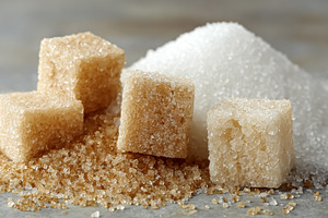 Brown sugar cubes with loose granulated brown sugar on a gray su, a Photo by Studio ANNA