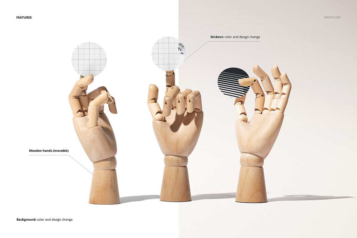 Round Stickers in Wooden Hand Mockup, a Merchandise Mockup by creatsy5 (Photo 3 of 5)