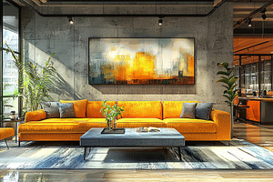 Modern coworking space with colorful interior and contemporary furniture, a Photo by AS photostudio