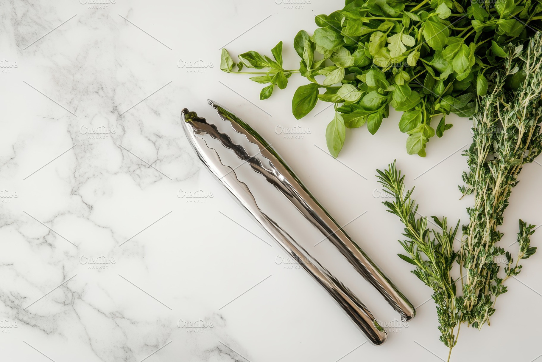 Elegant tongs resting beside herbs, a Photo by Pavel_design