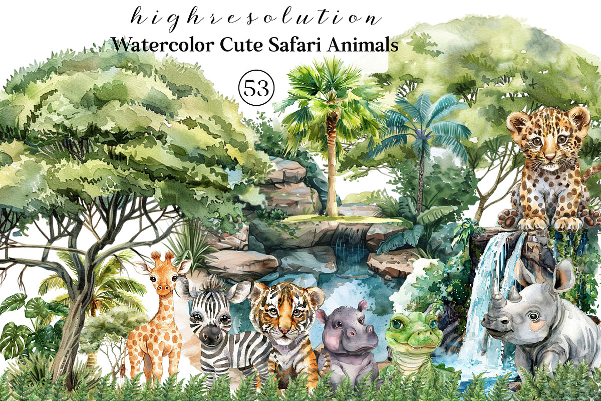Watercolor Cute Safari Animals, an Illustration by DreamCafeArt (Photo 1 of 8)