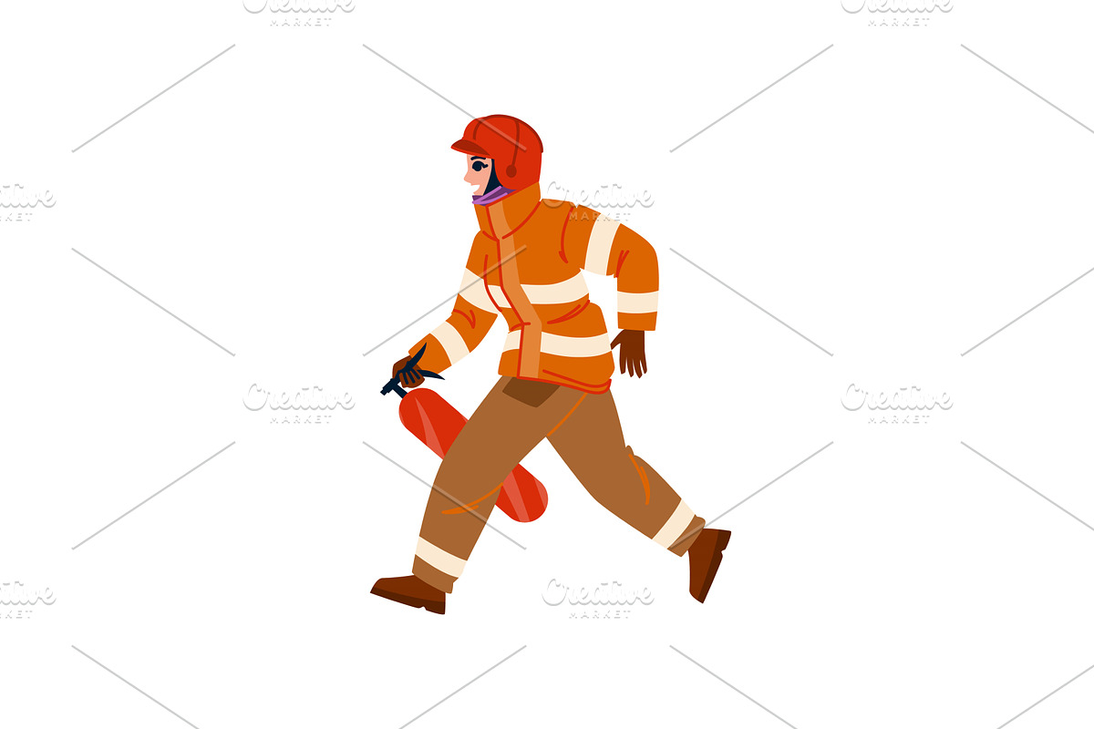Female firefighter running with fire, an Object Illustration by pikepicture