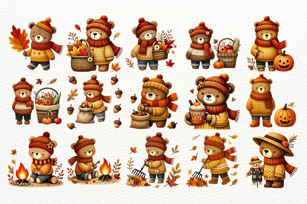 Cute Autumn Bear Clipart Bundle, a Seasonal Illustration by Nicolle's Colorful Art (Photo 4 of 7)