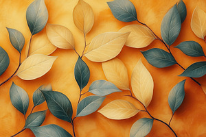 Colorful leaves arranged on a warm o, a Photo by Tanuart