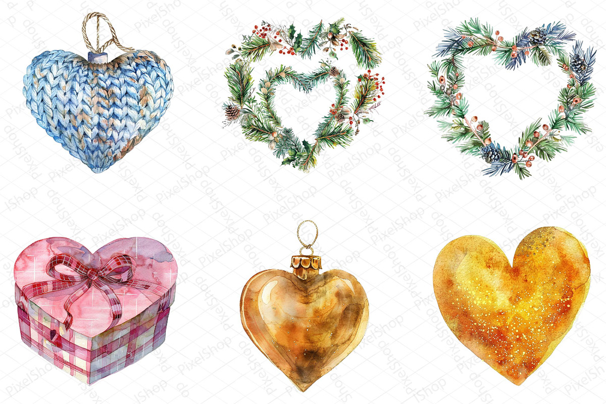 Watercolor Christmas Hearts Clipart, an Illustration by DreamPrint404 (Photo 5 of 5)