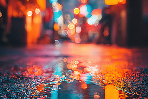 Vibrant city street with neon reflections at dusk, an Architecture Photo by AlyaAnd