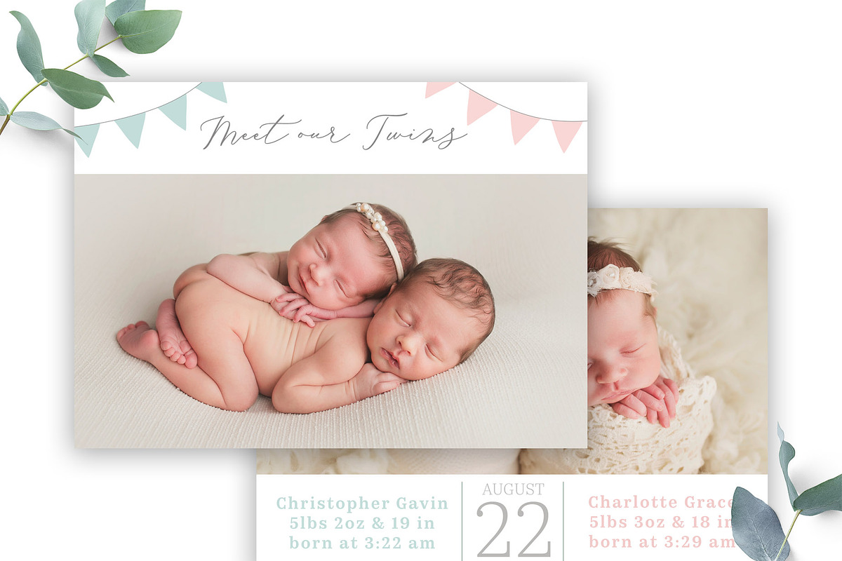 Twin Birth Announcement Template, a Card Template by Sweet Little Muse (Photo 1 of 3)