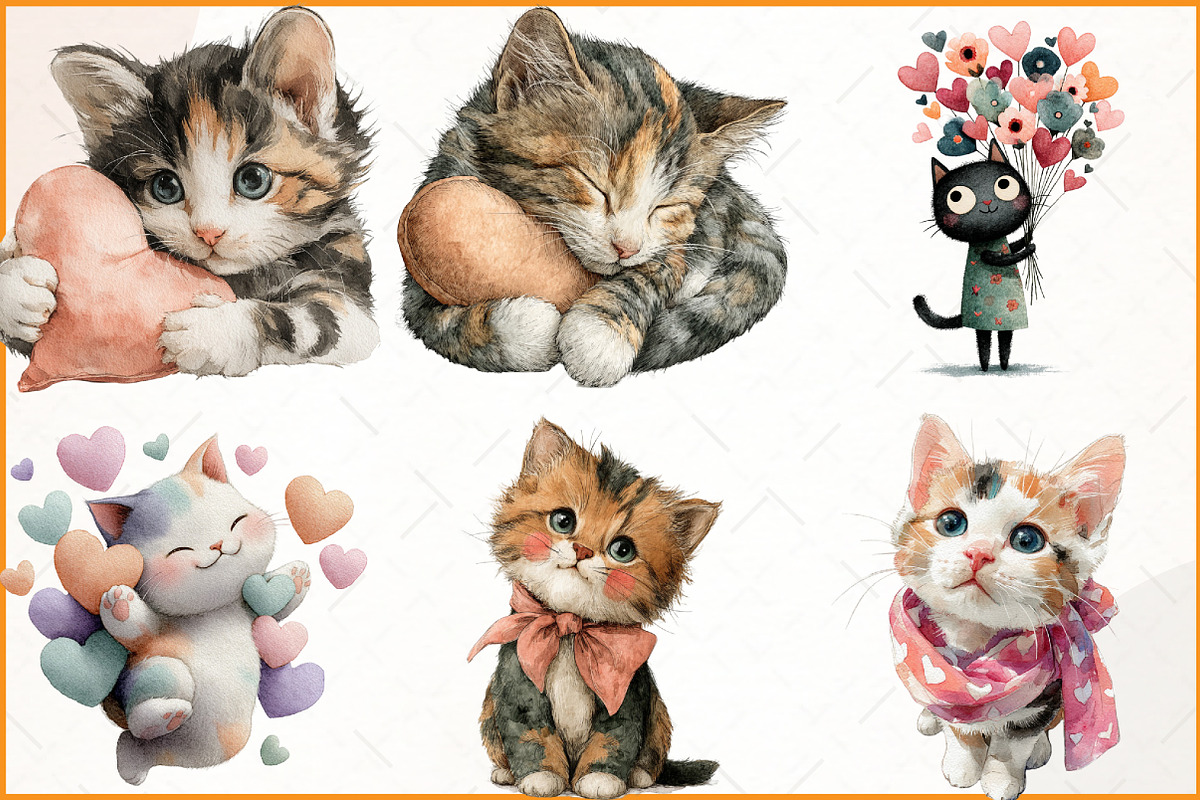 Watercolor Cute Valentines Kittens, an Illustration by Watercolor design (Photo 3 of 4)