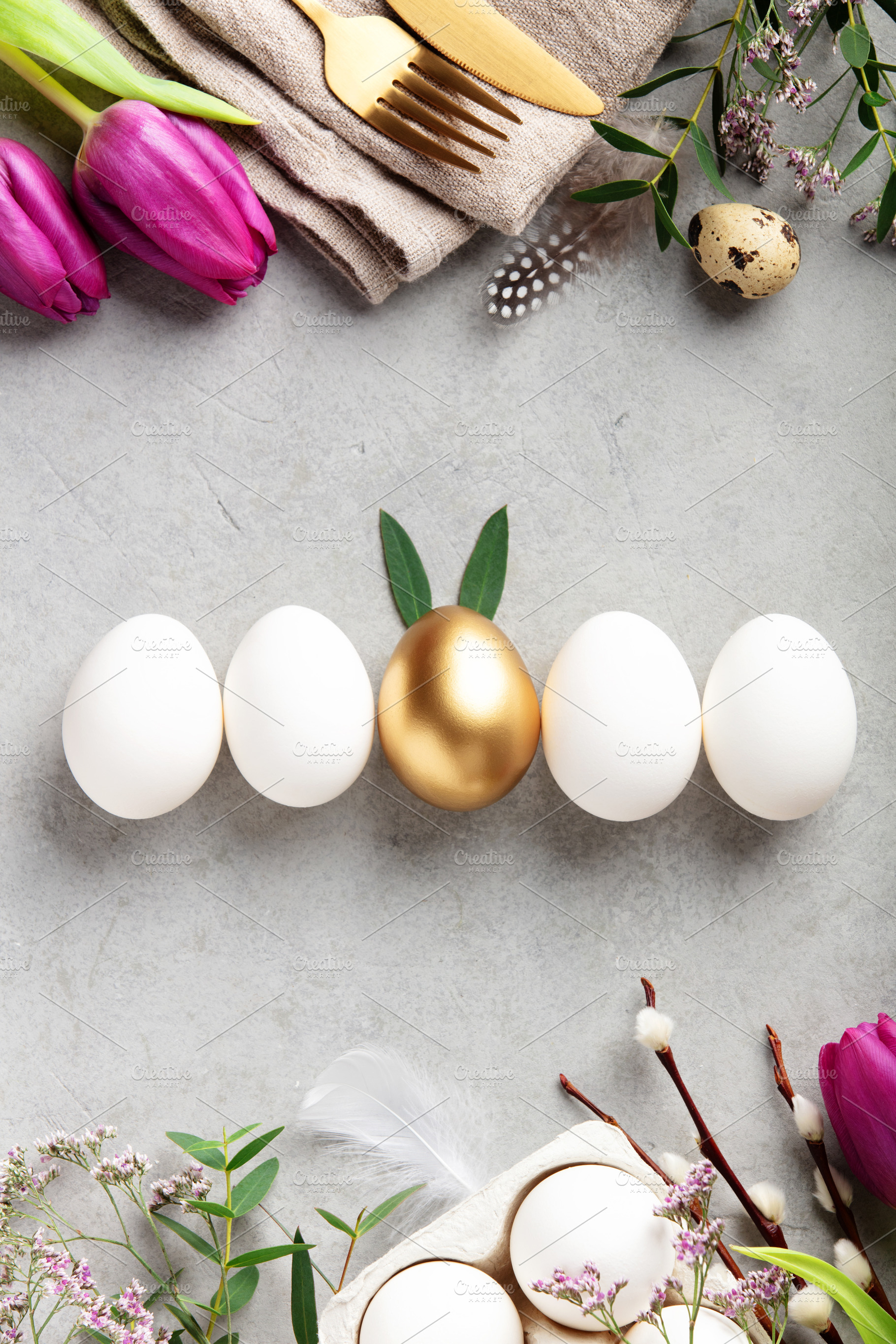 Elegant Easter Flat Lay with Golden Egg Accent, a Holiday Photo by Natalia Klenova's Shop