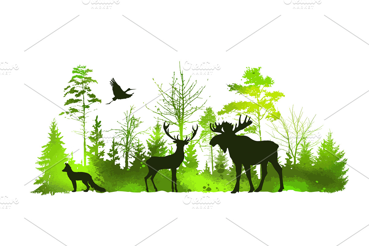Animals in the green forest abstract, an Animal Illustration by Nenahliadava Design