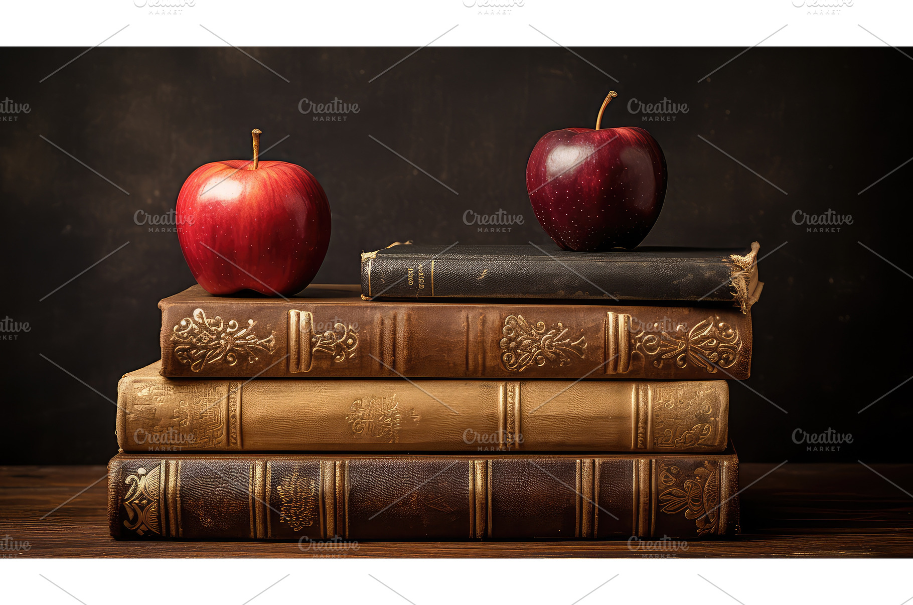 vintage stack of books with apple ai, a School & Education Photo by pikepicture