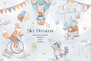 Sky Dreams. Watercolor Animals