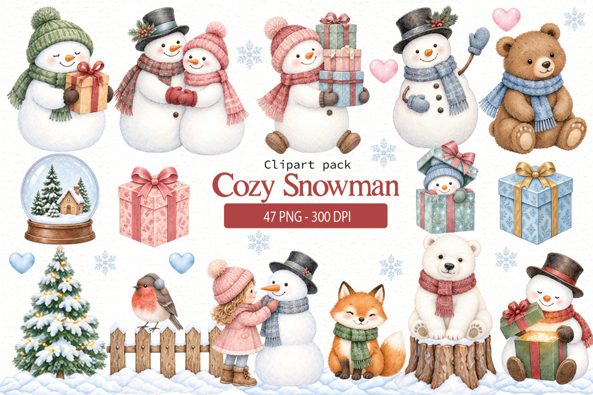Cozy Snowman Clipart Bundle, a Seasonal Illustration by Villa 11 Estudio (Photo 1 of 8)