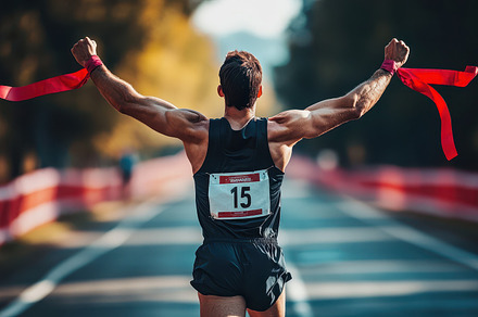 Runner triumphantly crosses finish l, a Background Photo by Pixeness