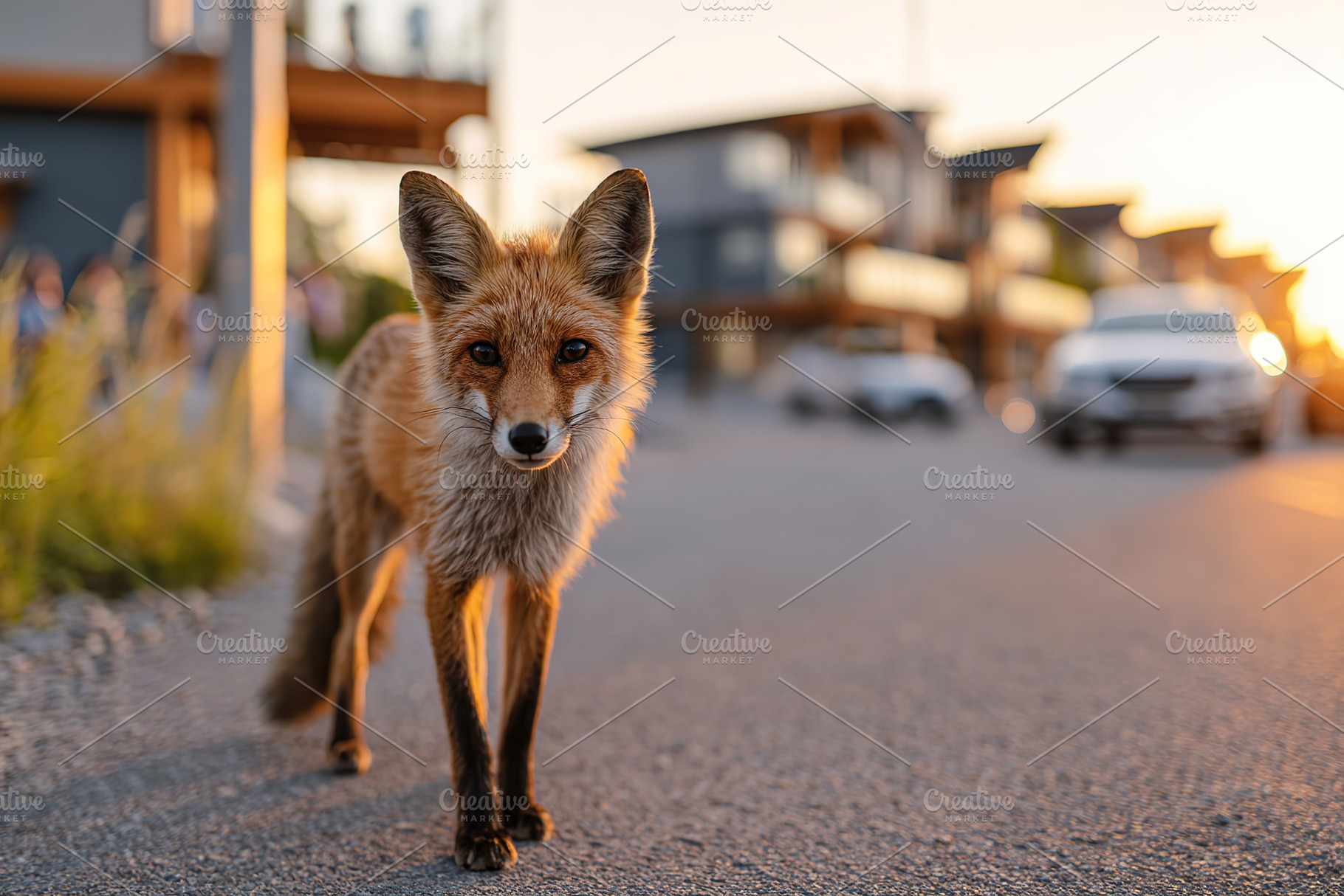 Curious fox walking down a quiet street during sunset in a coastal town, an Animal Photo by AlyaAnd